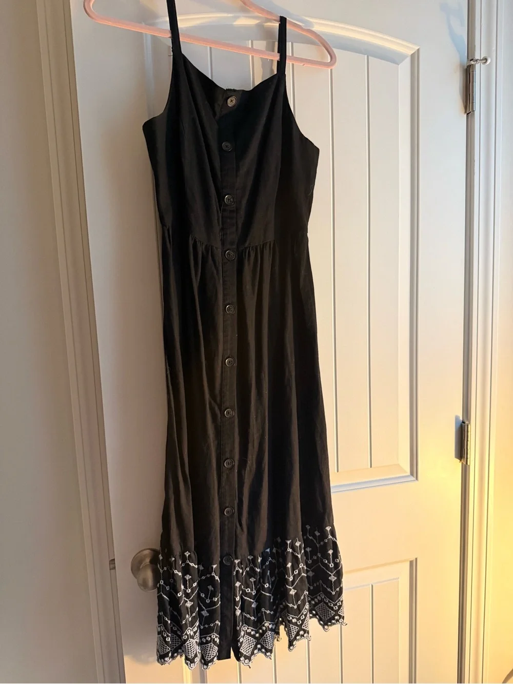Old Navy Black Button-Front Midi Dress with White Embroidered Hem